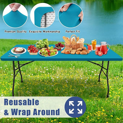 Spandex 4 Foot Rectangle Table Cloth 2 Pack, Elastic Fitted Tablecloths for Picnic, Stretch Washable Patio Table Cover for Outdoor, Camping, Banquet and Parties (Teal, 24"x48")