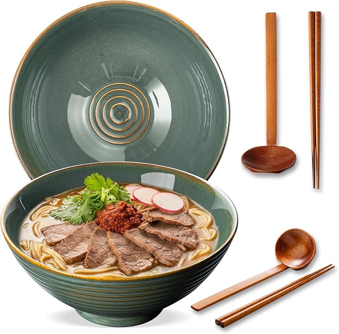 8 Inch Ceramic Ramen Bowl Set of 2, 40oz Japanese Bowls by ArtifexCeram