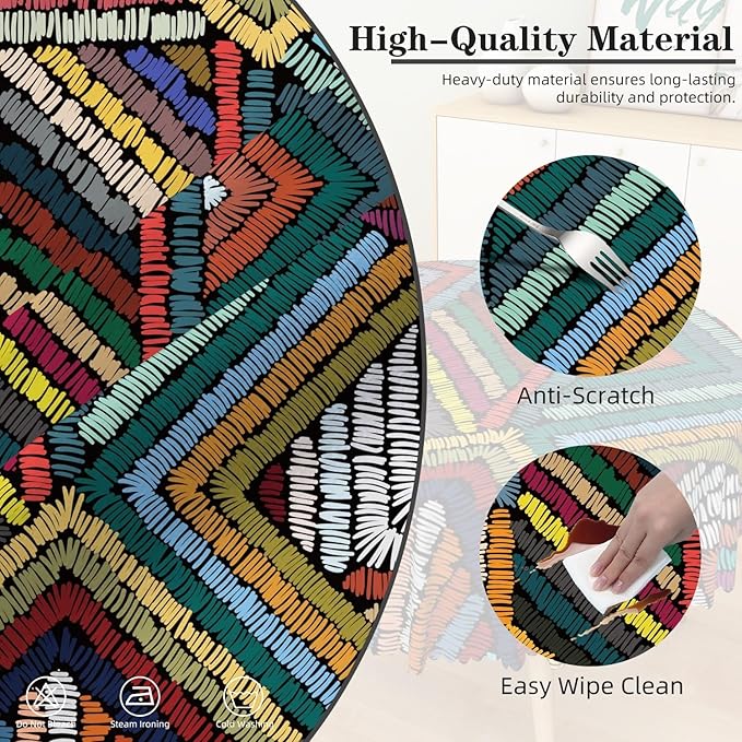 Laeacco 24 Inch Colorful Patchwork Round Tablecloth Woven Geometric Pattern Abstract Art Print Table Cloth Washable Waterproof Wrinkle Free Table Cover for Kitchen Dining Picnic Party Decoration