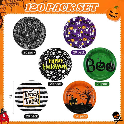 Umigy 120 Pcs Halloween Paper Plates 7 Inch Spider Web Party Plates, Pumpkin Spooky Disposable Tableware Supplies for Appetizer, Lunch, Dinner, Dessert