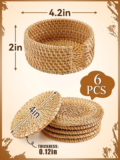6pcs Natural Handmade Rattan Coasters with Holder - Wicker Drink Coasters Set for Protecting Table, Housewarming Gifts Boho Home Decor