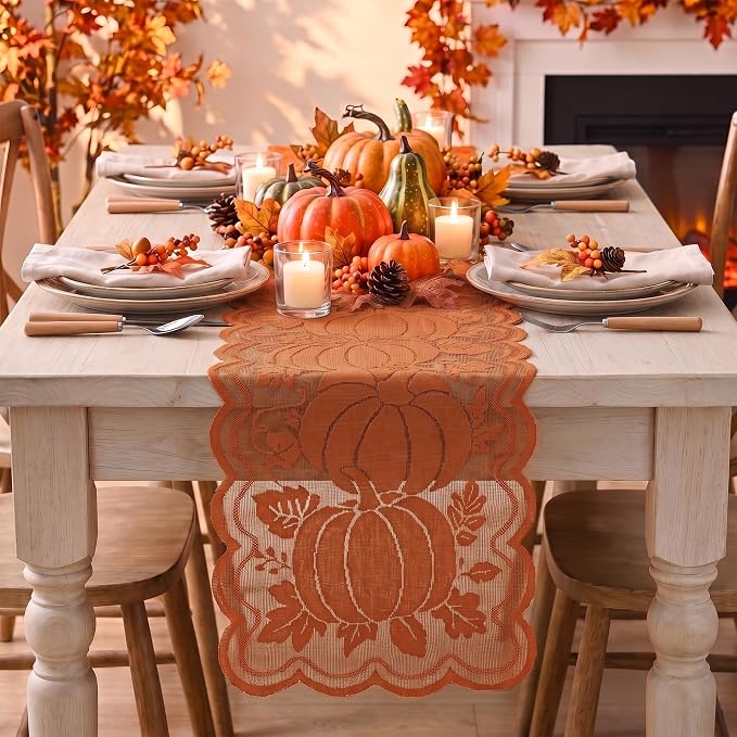 Artoid Mode Lace Jacquard Pumpkin Leaf Fall Table Runner, Seasonal Thanksgiving - Image 2