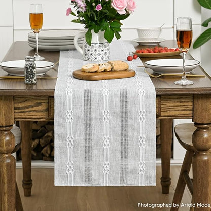 Artoid Mode Grey Farmhouse Embroidered Hollow Table Runner, Seasonal Kitchen - Image 2