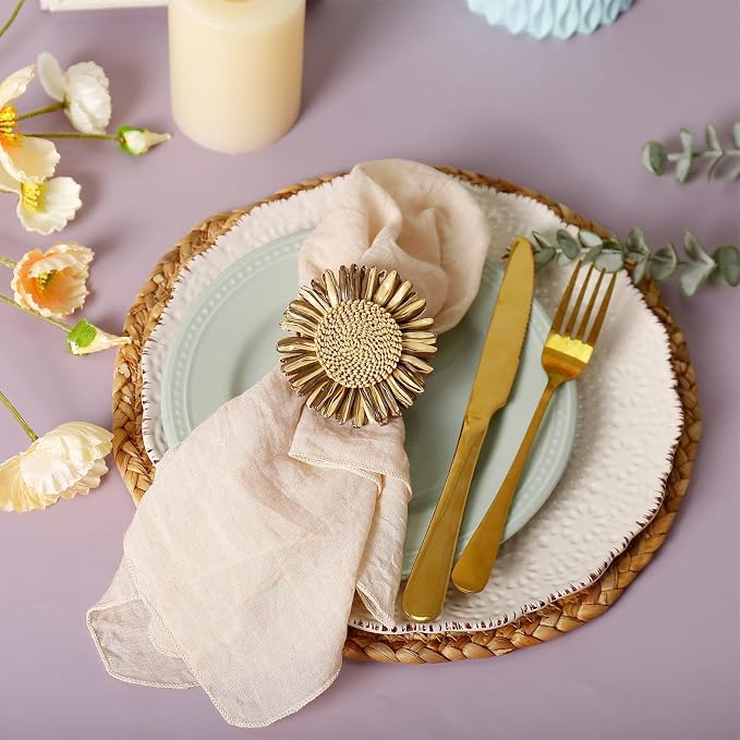 Handmade Sunflower Napkin Rings Set of 8, Bronze Raffia Daisy Napkin Ring - Image 2