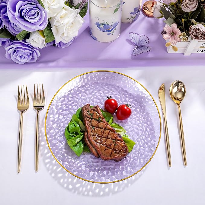 Rubtlamp 100Pcs Plastic Purple Dinner Plates, Heavy Duty 10 Inch Gold - Image 4