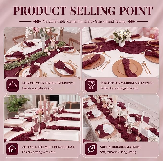 2 Pack Burgundy Cheesecloth Table Runner 17x108 Inch Boho Rustic Semi Sheer - Image 7