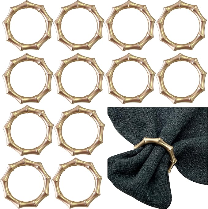 Matte Gold Napkin Rings，Bamboo Napkin Ring Set of 12 by Kintyno