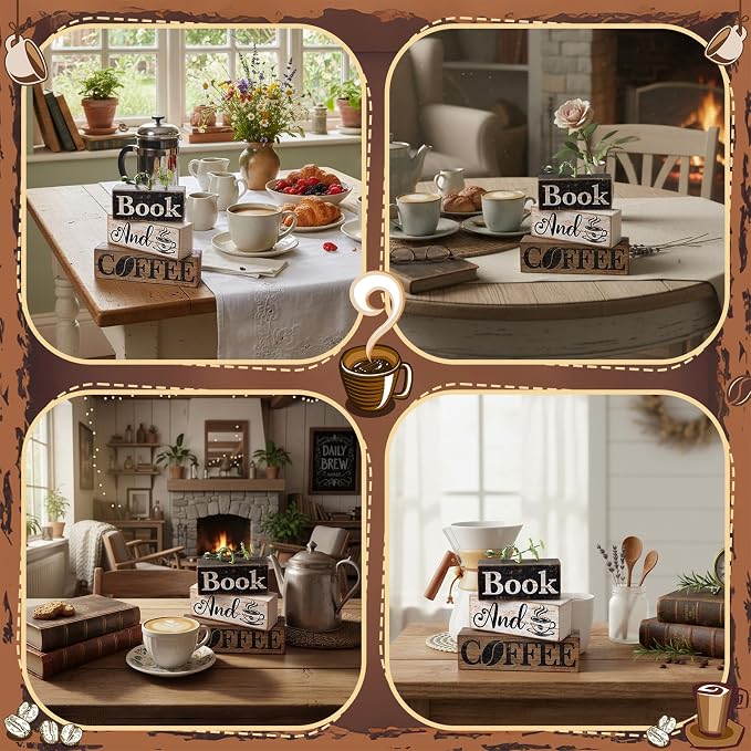 Moucuny 4 Pcs Farmhouse Table Decor Rustic Wooden "book and Coffee" Stacked - Image 6