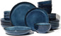 24 Piece Double Bowl Dinnerware Sets with Pasta Bowls, Highly Chip and Crack Resistant Plates and Bowls Sets, Natural Earthyware Ceramic Dishware Sets, Service for 6 Starry Blue
