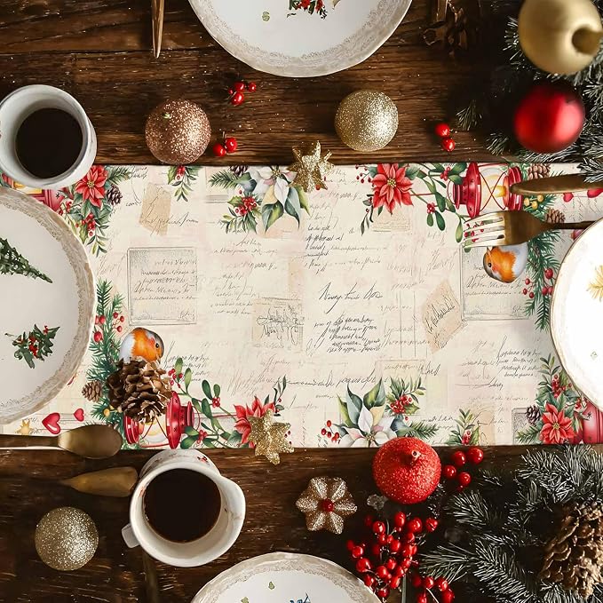 Christmas Poinsettia Table Runner 36 Inches Long, Winter Xmas Balls Birds Table - Image 4
