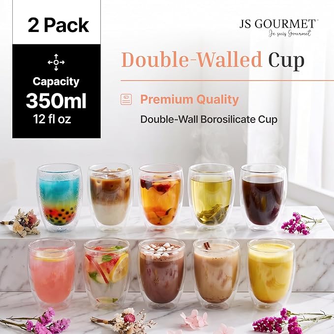 JS Gourmet Double Wall Glass Coffee Mugs Set of 2, 12oz/350ml Borosilicate - Image 2