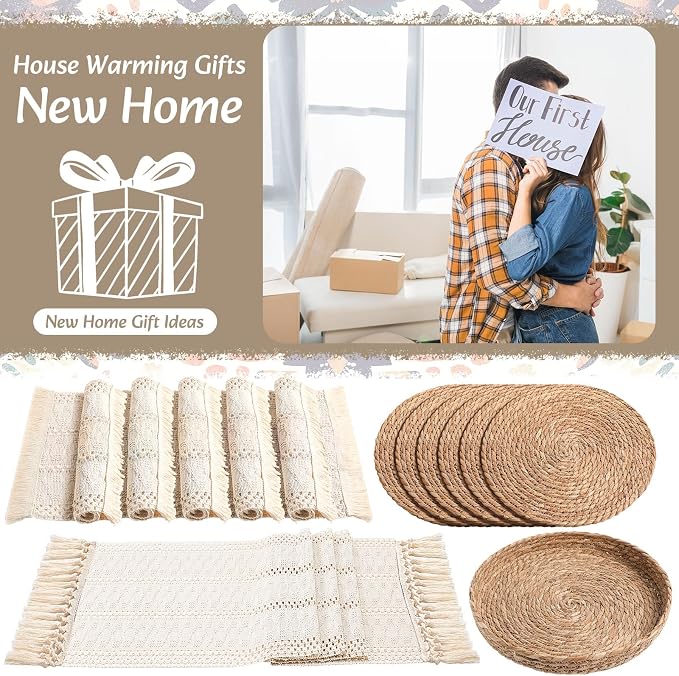 Boho Placemats 4/6/8 Set of Round Woven Placemat Macrame Style Bicolor - Image 7