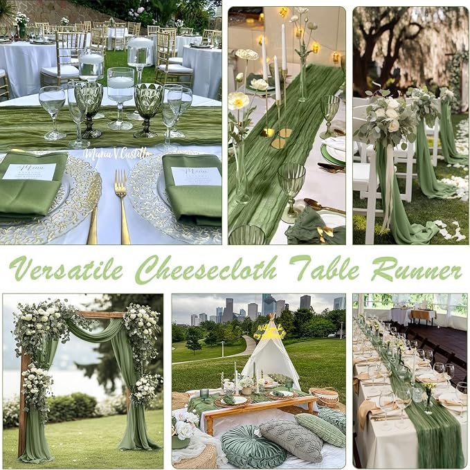 Moss Green Cheesecloth Table Runner 35x120 Inch 10FT Long Rustic Boho Olive - Image 4