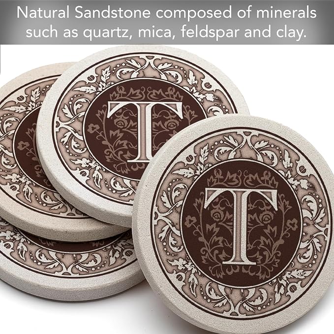 Thirstystone Monogram Round Natural Sandstone Coaster 4 Pack | 4" Diameter - Image 4