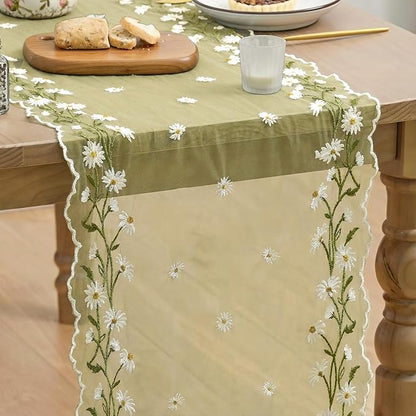 Artoid Mode Daisy Floral Fern Green Shaped Gauze Embroidery Table Runner 120 by ArtoidMode