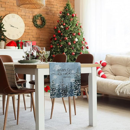 Winter Baby It's Cold Outside Table Runner Pine Tree Snowflakes Burlap Table - Image 6