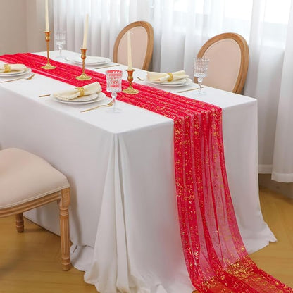 Snowkingdom Red Gold Table Runner Gauze 10FT Sparkly Sequin Glitter Sheer - Image 2
