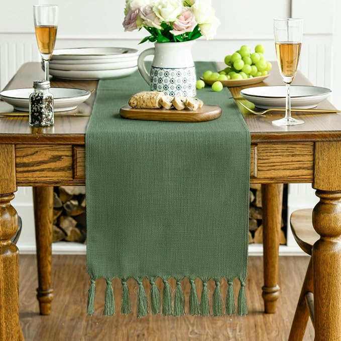 Artoid Mode Dark Green Tassel Table Runner, Linen Blend Rustic Farmhouse Style - Image 3