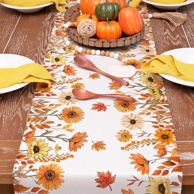 Fall Pumpkins and Sunflowers Table Runner 13x120 Inch, Maple Leaves Farmhouse - Image 6