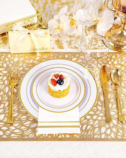 GATHER 350PCS Gold Plastic Plates - White and Gold Disposable Plastic Dinnerware Set Include 50 Dinner Plates, 50 Dessert Plate, 150 Silverware, 50 Napkins, 50 Cups for Party & Wedding