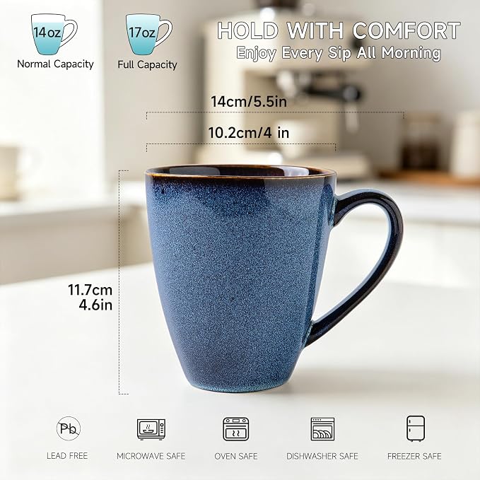 MONITO 17 OZ Coffee Mugs Set of 6, Large Ceramic Blue Coffee Mugs Set - Image 2