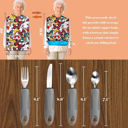 Adaptive Utensils with Adult Bib - 4pcs Weighted Utensils Set (2.5oz Each) for Hand Tremors, Elderly, Parkinson's, Arthritis - Non-Slip Easy Grip Handles for Independent Eating