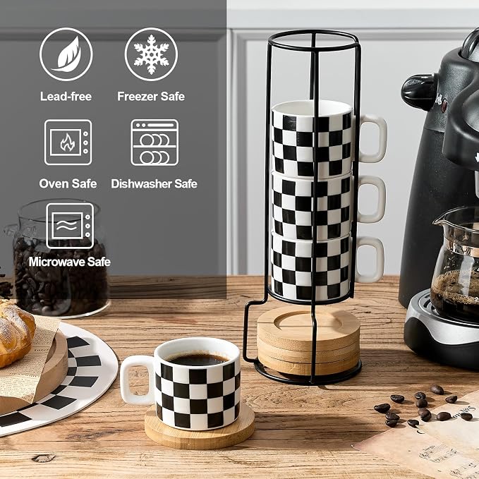 LUKA Porcelain Stackable Black and White Checkered Espresso Cups - Image 4
