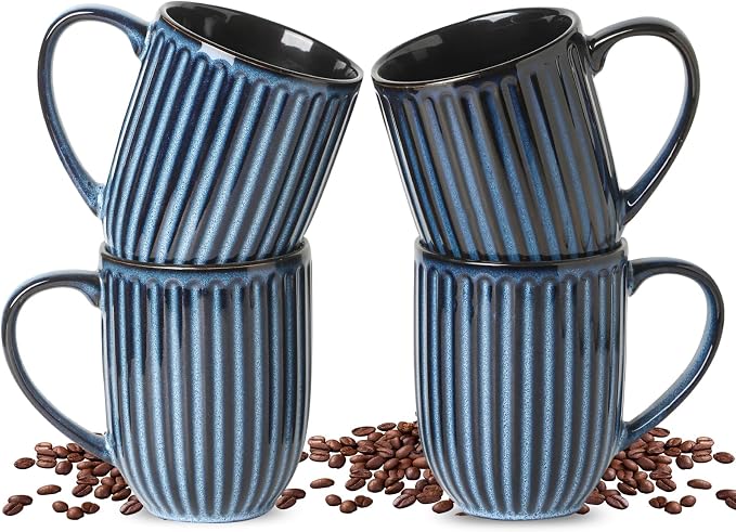 HASENSE 16 oz Ceramic Coffee Mugs Set of 4, Ribbed Navy Blue Coffee & Tea Cups by Hasense