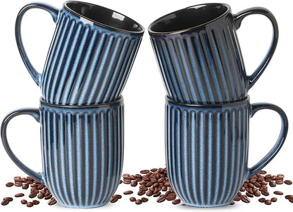 HASENSE 16 oz Ceramic Coffee Mugs Set of 4, Ribbed Navy Blue Coffee & Tea Cups by Hasense