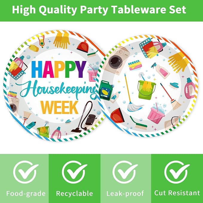 96Pcs Housekeeping Week Decorations, Cleaning Icons Plates Napkins Forks - Image 3