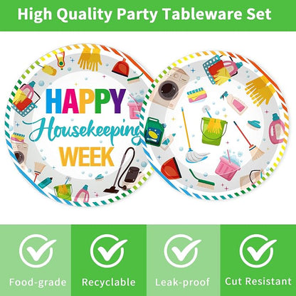 96Pcs Housekeeping Week Decorations, Cleaning Icons Plates Napkins Forks - Image 3