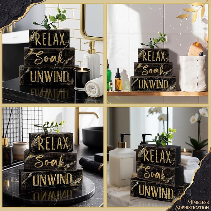 Moucuny 4 Pcs Black and Gold Bathroom Shelf Decor Sign Farmhouse Bathroom Decor - Image 4