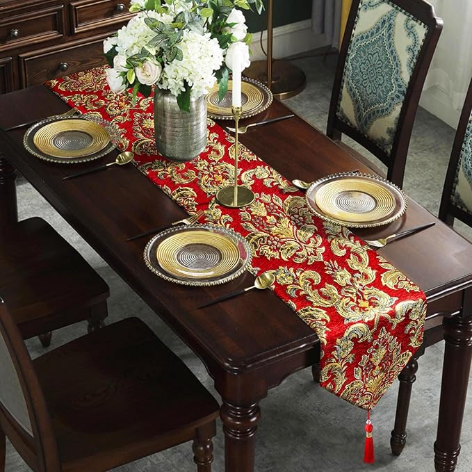 Luxury Table Runner Red 84" Vintage Embroidered Jacquard Chenille Cloths | - Image 3