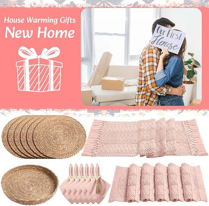 6 Sets Boho Decoration Placemats Round Woven Placemats, Cloth Napkins, Wood - Image 7