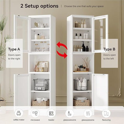 Metal Storage Cabinet with Glass Door, Tall Slim Pantry Organizer with 3 Adjustable Shelves (120LBS/Shelf), Anti-Tipping Waterproof Cabinet for Kitchen/Home Office/Small Spaces,(1PC,White)
