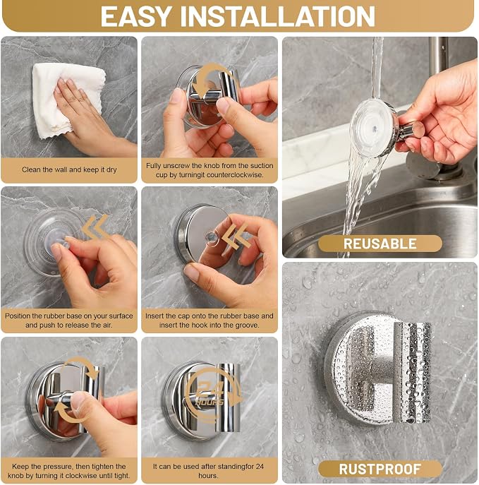 Large Suction Cup Hooks, Heavy Duty 15lb Holds Towel & Robe, No-Drill Shower - Image 6