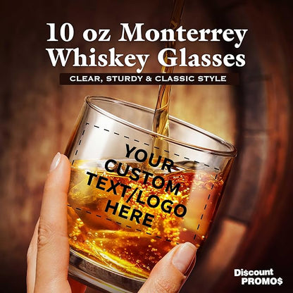 DISCOUNT PROMOS Custom Whiskey Glasses 10 oz Set of 10/50/100, Personalized Bulk Pack - Heavy Base Old Fashioned Glass, Perfect for Scotch, Bourbon, Whiskey, Cocktail - Clear Bottom Color