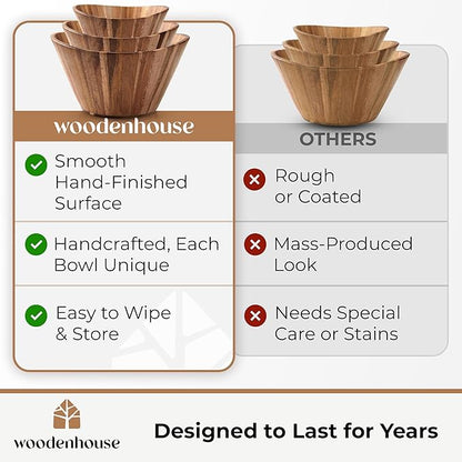 Woodenhouse Wooden Salad Bowl Set, Salad Bowls Set of 3 - Wavy Design Salad Bowl Set for Serving, Handmade, Durable and Stylish Natural Wood Dining Accessory