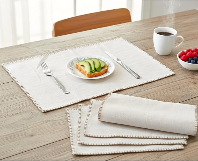 Dining Table Placemats with Decorative Stitched Edge Textured Organic Cotton - Image 2
