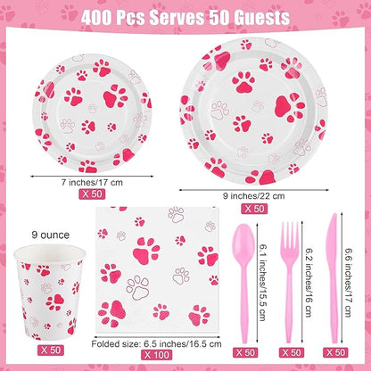 Kochorie 400 Pieces Pink Paw Disposable Party Tableware Sets Dog Puppy Supplies Including Plates Cups Napkins Cutlery Serves 50 for Birthday Puppy Theme Party Decorations