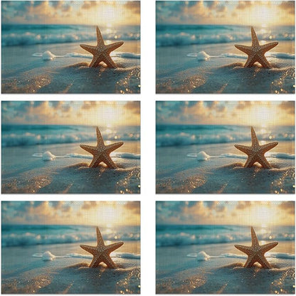 Placemats, Sunrise Starfish Beach Placemats 12x18 Inch Waterproof Non-Slip Washable Table Mats for Kitchen Dining Party Table Decor,Set of 6
