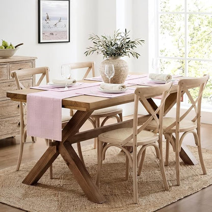 Linen Checked Farmhouse Table Runner, 13x36 Inches Pink | Raised Grid Design - Image 3