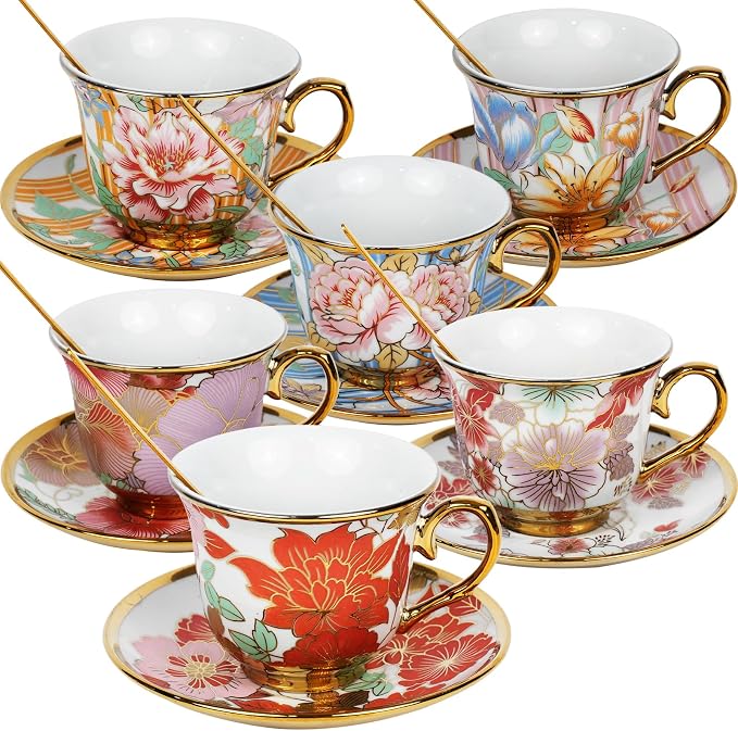 Tea Cups and Saucers Set of 6, 8 OZ Ceramic Tea Cups by Qetoosur