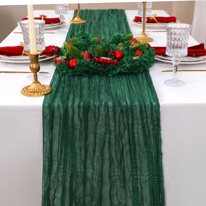 Snowkingdom Emerald Green Table Runner 120 Inch 10 Ft Rustic Boho Dark Green - Image 4