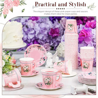 Nuogo 200 Pcs Floral Paper Tea Cups and Saucers 7 oz Disposable Paper Teacups - Image 4