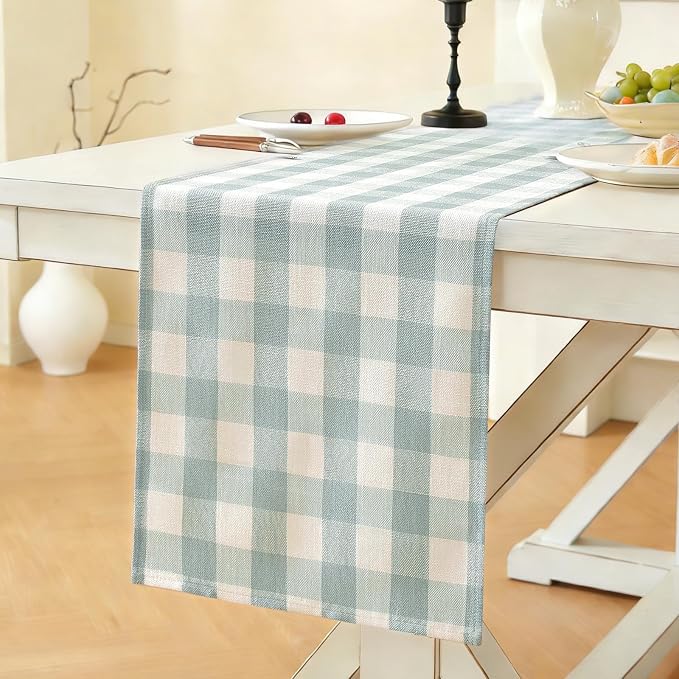 Laolitou Spring Blue Checkered Table Runner, Cotton Linen Gingham Easter Table by Laolitou