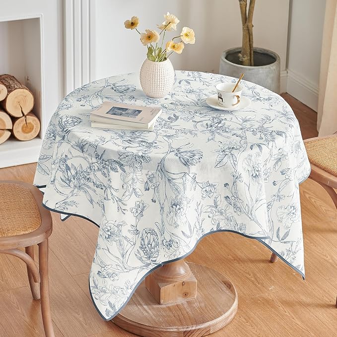 jinchan Blue Floral Linen Square Table Cloth 50 x 50 Inch | Blue floral accents - Image 6