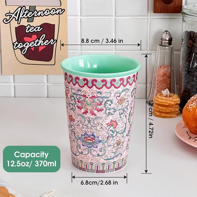 Pink Floral Ceramic Mugs, 12oz Flower Coffee Mug Set of 2, Rose Porcelain Cups - Image 2