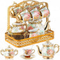 22 Pcs Porcelain Tea Set with Metal Holder, Vintage European Floral Tea Set by Suttmin