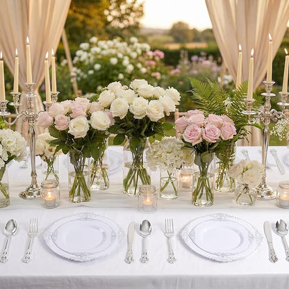 102PCS White and Silver Plastic Plates - Heavyweight Silver Plate - Wedding Plate with Silver Rim - Fancy Dinner & Dessert Plates for 51 Guests Weddings & Parties